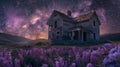 Abandoned house in wildflower field with star trails galaxy - astro and landscape photography