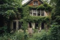 abandoned house with window boxes and climbing vines, surrounded by greenery