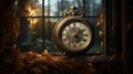 Goblincore Clock: Authentic Depictions In Abandoned House Window