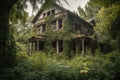 abandoned house, with the windows and doors boarded up, surrounded by overgrown foliage