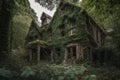 abandoned house, with the windows and doors boarded up, surrounded by overgrown foliage