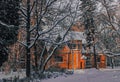 Abandoned brick house in a winter forest Royalty Free Stock Photo