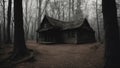 abandoned house woods haunted forest with a hidden cabin in the woods. The cabin is old and dilapidated, and has a sinister feel Royalty Free Stock Photo