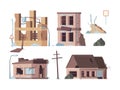 Abandoned houses. Old trouble damaged facade decayed exterior destroyed buildings vector flat pictures