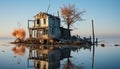 Abandoned hut reflects old, damaged boathouse on tranquil coastline generated by AI Royalty Free Stock Photo