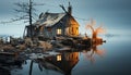 Abandoned hut reflects spooky, broken, old fashioned, winter landscape near water generated by AI Royalty Free Stock Photo
