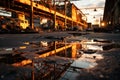 An abandoned industrial area with rusted machinery and broken windows, conveying a sense of danger