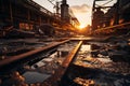 An abandoned industrial area with rusted machinery and broken windows, conveying a sense of danger Royalty Free Stock Photo