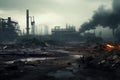 Abandoned industrial area with smoke and smog, toned, Abandoned industrial area in the smoke and smog. Disaster concept, AI