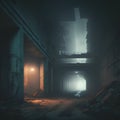 Abandoned industrial building in a foggy night. 3D rendering