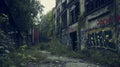 Abandoned industrial building with graffiti on the walls. Concept of urban decay. Royalty Free Stock Photo