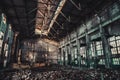 Abandoned industrial creepy warehouse inside old dark grunge factory building Royalty Free Stock Photo