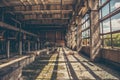 Abandoned industrial creepy warehouse inside old dark grunge factory building Royalty Free Stock Photo