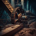Abandoned industrial interior with old rusty machines. Creepy and dirty technology background. Generative AI illustration Royalty Free Stock Photo