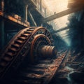 Abandoned industrial interior with old rusty machines. Creepy and dirty technology background. Generative AI Royalty Free Stock Photo