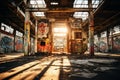 Abandoned industrial site with rusty machinery and graffiti art