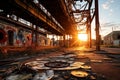 Abandoned industrial site with rusty machinery and graffiti art