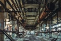 Abandoned Industrial workshop or hall of production for heavy industry factory . Huge steel pipes inside plant Royalty Free Stock Photo