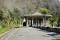 Abandoned inoperative railway. old railway station in abkhazia. tourist natural place with rails