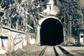 Abandoned inoperative railway. old railway station in abkhazia. tourist natural place with rails