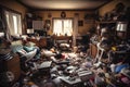 Abandoned interior of a house with broken furniture and household items