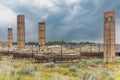 Stormy skies over abandoned kilns used for the making of bricks in Claybank, Saskatchewan