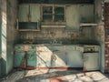 Abandoned kitchen, cupboard doors wide, noon light, bird\'s eye view, desaturated colors Royalty Free Stock Photo