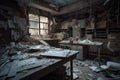 abandoned laboratory with broken equipment and scattered papers, surrounded by eerie silence