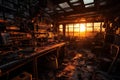 An abandoned laboratory or research facility with broken equipment and hazardous materials scatter