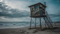 Abandoned lifeguard hut overlooks tranquil seascape at dusk generated by AI