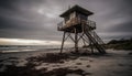 Abandoned lifeguard hut watches over tranquil seascape generated by AI