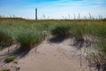 Abandoned lighthouse on Baltic Sea. Green and yellow grass and spikelets with yellow sand.Blue sky with clouds.