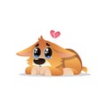 Abandoned little corgi with tears on eyes. Lonely puppy lies with broken pink heart over his head. Cartoon dog character
