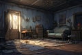 A abandoned living room interior adorned with sunlight