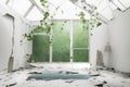 An abandoned living room with large windows that let in an abundance of natural light