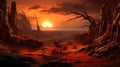 an abandoned lonely dangerous planet surface, landscape sunset design Royalty Free Stock Photo