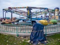 Abandoned Luna Park. A crisis. Old carousels. Does not work. Broken attraction. resort in winter. Broken business. Emptiness