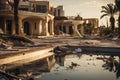 Abandoned Luxury Villa, Pool Filled with Debris, and a Billboard Touting Unfulfilled Luxury Living