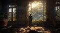 Cinematic Neoclassical Scene With Ray Tracing: A Man Amidst Decaying Landscapes