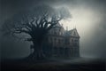 Abandoned mansion, eerie, scary, gloomy in the fog