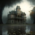 Abandoned mansion, eerie, scary, gloomy in the fog