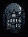 An abandoned mansion its broken windows gleaming in the moonlight is shrouded in an eerie deathly silence. Gothic art