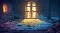 An abandoned medieval castle prison cell background. The door is broken and there are stones on the floor. There is a Royalty Free Stock Photo