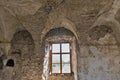 Abandoned medieval castle Saint Miklosh interior, Chinadievo, Western Ukraine.