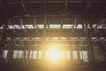 Abandoned metallurgical excavator plant or factory interior, industrial warehouse building waiting for a demolition Royalty Free Stock Photo