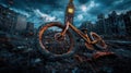 Abandoned Metropolis: Clocktower Symbolizes Lost History in Decaying Cityscape with Empty Streets and Rusty Bicycle Royalty Free Stock Photo