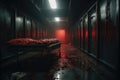 Abandoned morgue interior. Red horror glowing background. Mortuary table. Spooky haunted abandoned.