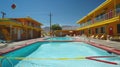 Abandoned motel with empty swimming pool and vintage architecture