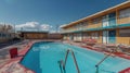 Abandoned motel with empty swimming pool and vintage architecture