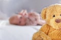 Abandoned newborn children. Teddy bear close up.